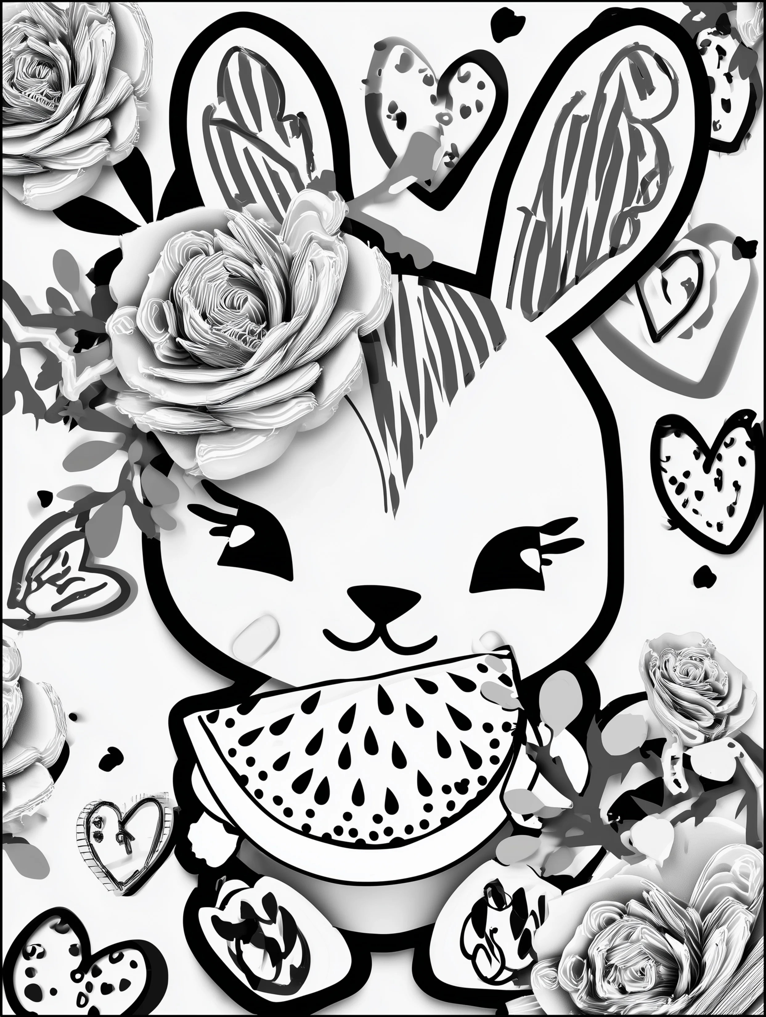 Free printable rabbit coloring page for adults featuring a bunny with watermelon